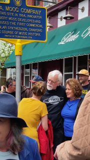 Michelle Moog-Koussa and David Borden unveil R. A. Moog historical marker. 